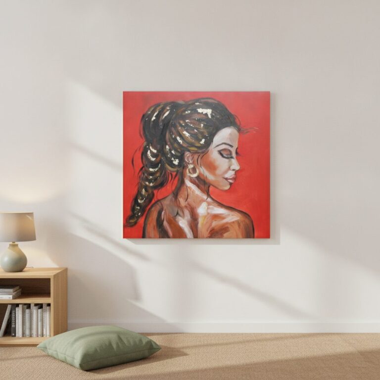 Tjej mot röd bakgrund — uppsatt i ett rum
