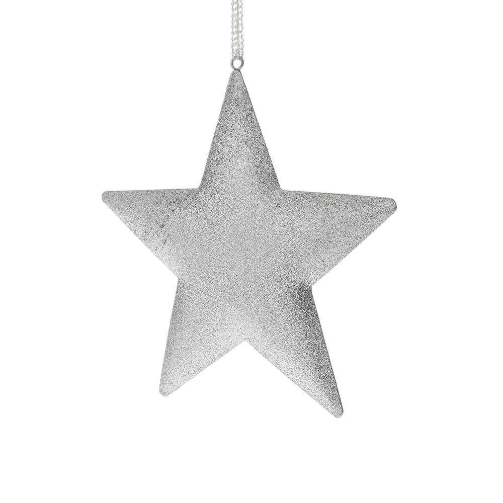 silver julstjärna med glitter och upphängningssnöre, femuddig dekoration mot vit bakgrund