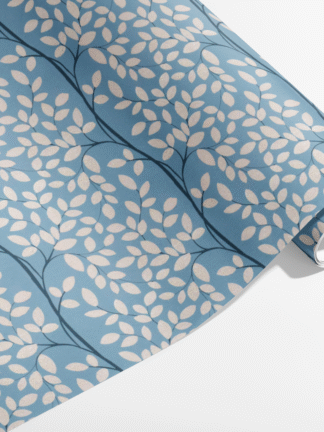 presentpapper eco friendly blå med vita glitter löv 70x200cm