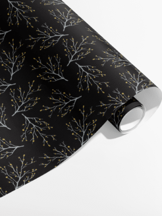 Presentpapper med trädmotiv i silver och guld – svart kraftpapper 70x200 cm
