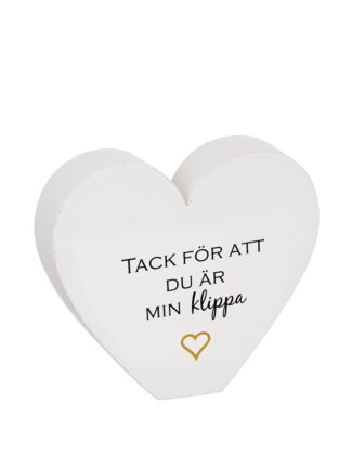 Vitt stående hjärta tack med text 'Tack för att du är min klippa' och litet guldhjärta