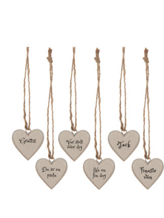 Sex hängande presentlapp hjärta med svenska texter (Grattis, Var stolt över dig, Du är en pärla, Ha en fin dag, Tack, Finaste vän) på snören