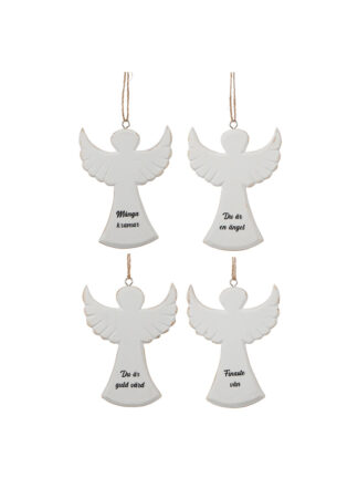 Fyra vita änglar hängande i snören med tryckta budskap ('Många kramar', 'Du är en ängel', 'Du är guld värd', 'Finaste vän') – hängande ängel