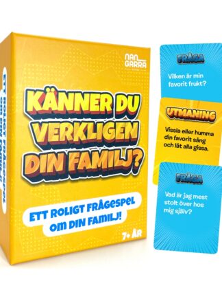 gul spelbox med texten "känner du verkligen din familj?" och blå frågekort bredvid – frågespel för familjen