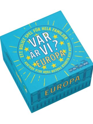 blå spelbox för var är vi spel (europa) med vit och gul text och stjärnor