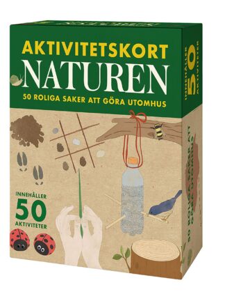 aktivitetskort naturen – bild på en grön- och beige kartongförpackning med texten 'aktivitetskort naturen' och illustrationer av utomhusaktiviteter, fågel, nyckelpigor och en flaska