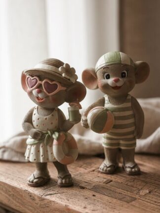 Detaljbild av handmålad musfigur Mrs Summer Mouse från Majas Cottage