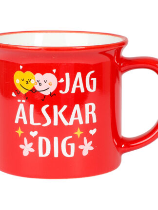 Röd Jag älskar dig mugg i porslin med vitt tryck 'JAG ÄLSKAR DIG' och två illustrerade hjärtan, vit insida
