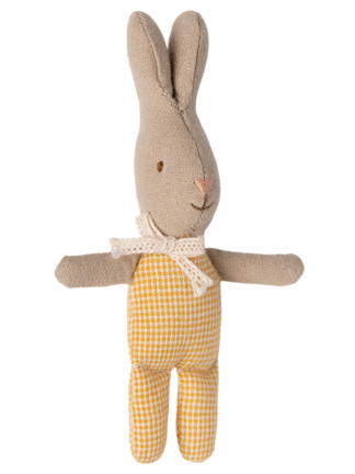 maileg kanin mini gul med gulrutig kropp, beige huvud och vit spetsrosett