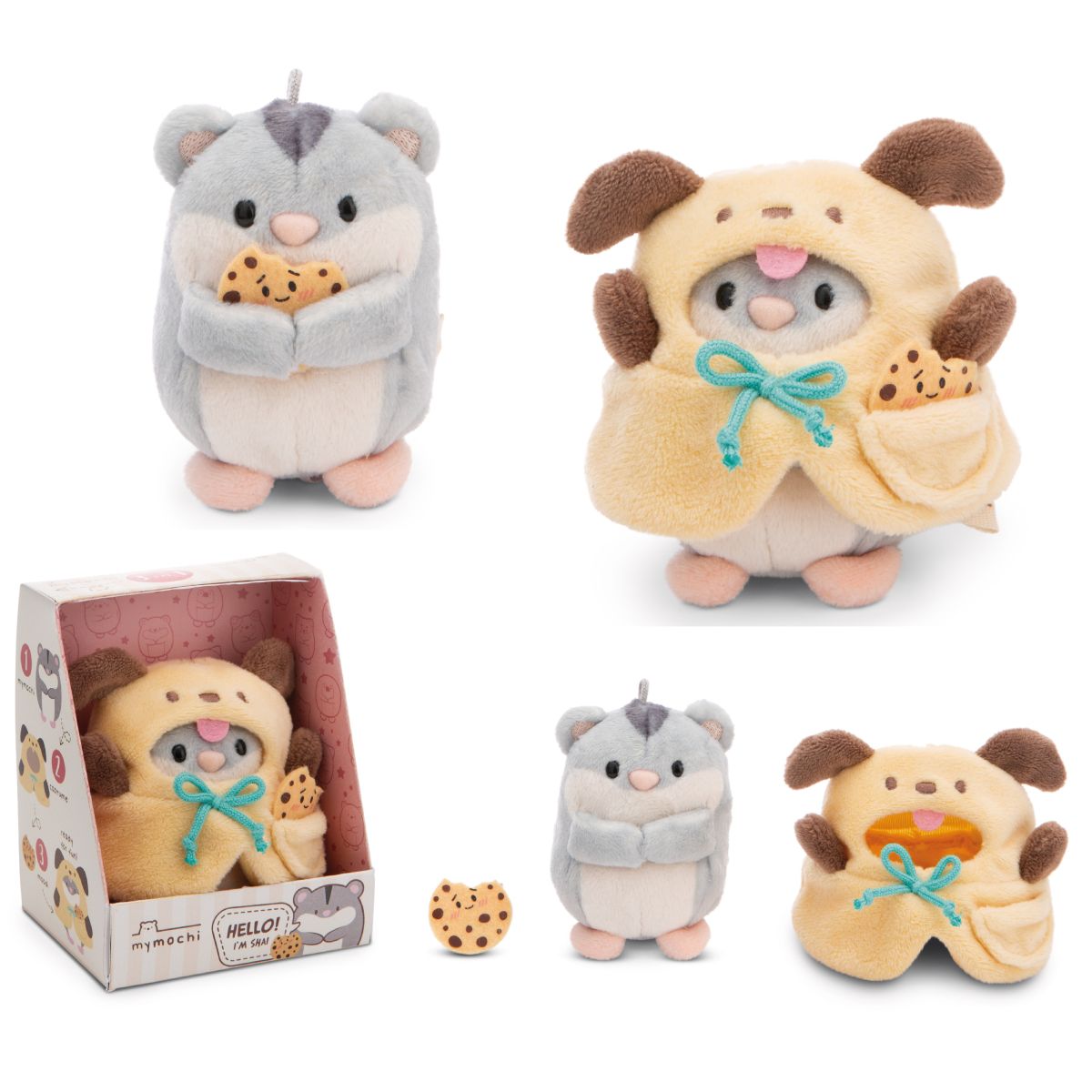 mjukdjur hamster i grått och vitt, visad ensam och iklädd beige hunddräkt med blå snodd, tillsammans med en liten kakaccessoar och originalförpackning