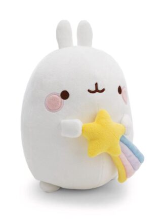 Vitt mjukdjur kanin som håller en gul stjärna med pastellfärgad svans, rund form, rosa kinder och små öron mot vit bakgrund