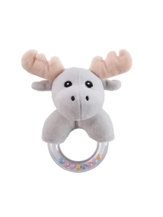 Skallra Älg Grå i mjuk plysch med beige horn och en genomskinlig ring fylld med färgglada kulor