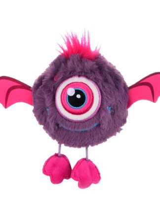 bouncibles mjukdjur noa solo eye – runt lila gosedjur med ett stort broderat öga, rosa vingar, rosa fötter och liten rosa plym på toppen