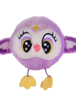 lila uggla mjukdjur bouncibles luna sedd framifrån med vit ansiktsmask, stora broderade ögon, gula hängande fötter och utsträckta vingar