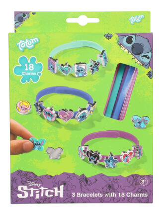 förpackning med stitch armband pyssel: tre färgglada armband och 18 stitch-berlocker i disney-design