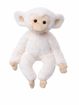 vitt gosedjur apa 40cm med beige ansikte och svarta ögon, sittande framifrån på vit bakgrund