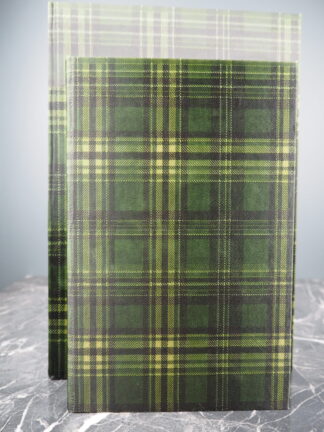 boklåda gröna rutor - två bokformade lådor i grönt rutig mönster stående på en marmorerad yta framför en ljus bakgrund