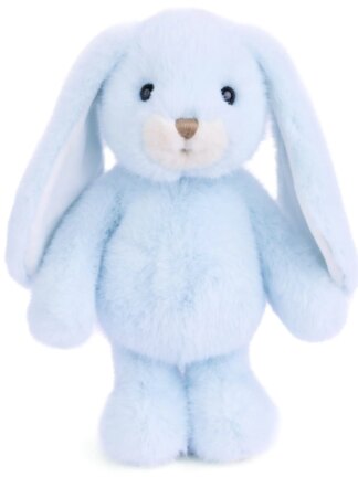 ljusblå mjukdjur kanin 30 cm med långa hängande öron och svarta ögon mot vit bakgrund
