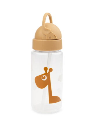 barnflaska med sugrör i senapsfärg med giraffmotiv och elefantdetalj på locket