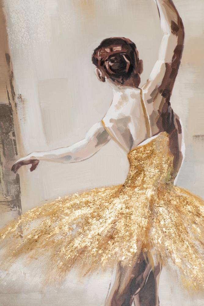 handmålad tavla ballerina i gyllene tutu sedd bakifrån med tydliga penseldrag och guldig textur