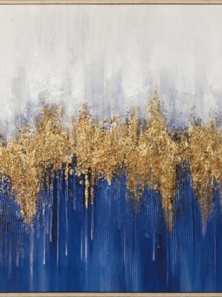en handmålad tavla blå guld med abstrakt sprayeffekt i djupblått och rik guldfärg mot en ljus bakgrund, i tunn ram.