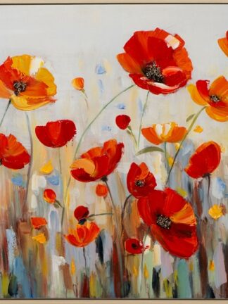 handmålad tavla vallmo med röda och orange vallmoblommor mot en ljus bakgrund, synliga tjocka penseldrag och tunn träram