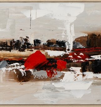 handmålad tavla rött landskap i abstrakt stil med intensiva röda accenter, beige och bruna penseldrag samt tunn träram