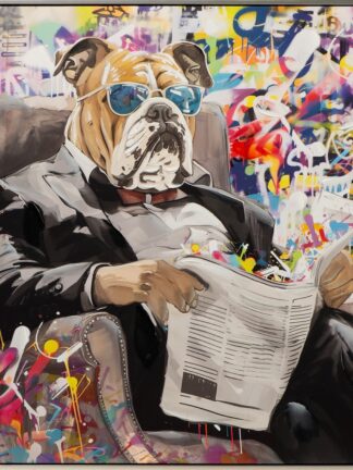 handmålad bulldog tavla i grafittistil med bulldog i kostym och solglasögon som läser en tidning framför en färgstark spraymålad bakgrund