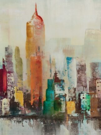 handmålad tavla skyline i färgstarka, abstrakta penseldrag med skyskrapor och speglingar i vatten