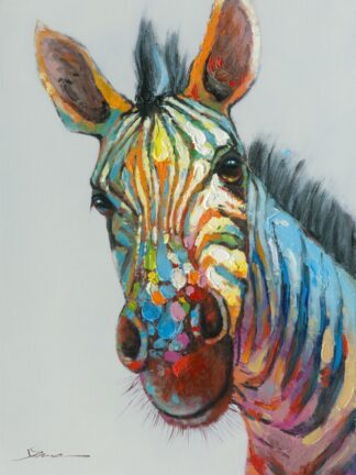 handmålad zebra tavla i närbild med färgstarka, tjocka penseldrag och livfulla färger mot ljus bakgrund