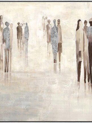 handmålad tavla människor i dämpade beige, bruna och grå toner med flera stiliserade siluetter och tunn svart ram