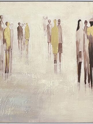 handmålad tavla med stiliserade människor i dämpade beige-, bruna och grå nyanser och gyllene accenter, inramad.