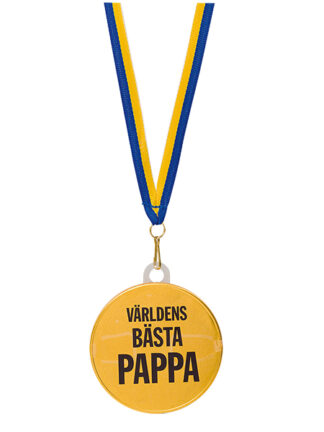 chokladmedalj pappa: rund gul medalj med svart text 'världens bästa pappa' hängande i ett blått och gult band