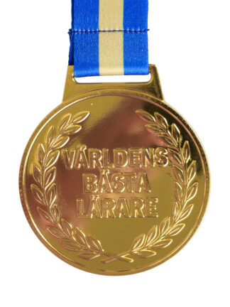 Guldig medalj bästa lärare i metall med upphöjd text "Världens bästa lärare" och blått-gult band