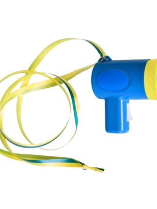 Blå och gul student megafon med långa blå-gula band på vit bakgrund