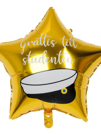Ballong student guld i stjärnform med text "Grattis till studenten" och illustration av en studentmössa