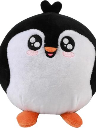 rund svartvit pingvin mjukdjur med stora broderade ögon, orange näbb och fötter