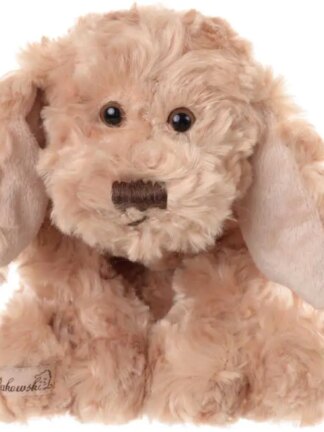beige mjukdjur hund 25 cm i sittande pose med fluffig päls, hängande öron, mörka ögon och broderad nos