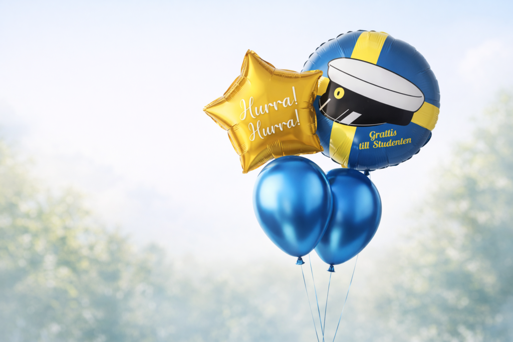 guldfärgad stjärnballong med texten ”hurra!”, rund blågul ballong med studentmössa och ”grattis till studenten” samt två blanka blå ballonger mot mjukt somrigt bakgrundsljus.