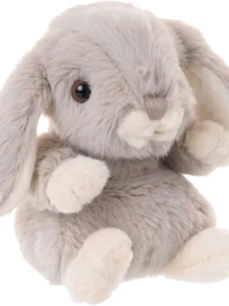 sittande kanin gosedjur grå med vita tassar och hängande öron, mjuk och fluffig