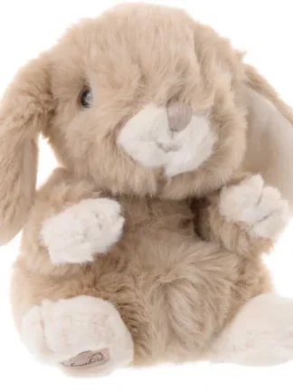 sittande mjukdjur kanin beige med långa hängande öron, vita tassar och vit nos