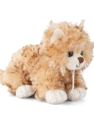 gosedjur katt 15 cm, fluffig beige/vit bukowski-katt liggande med vita tassar, mörka ögon och synliga morrhår