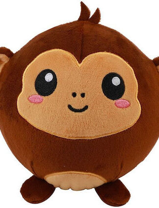 squishy boll apa i brunt och beige, runt mjukdjur med armar, öron och ett leende ansikte med rosiga kinder