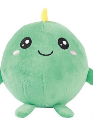 grön squishy boll dinosaurie i rund form med leende ansikte, broderade ögon, små armar och ben och en gul tagg på huvudet