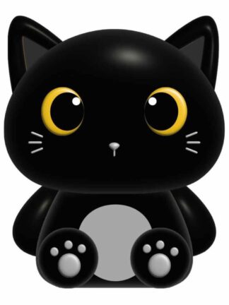 mjuk klämleksak katt i svart med stora gula ögon, grå mage och vita morrhår