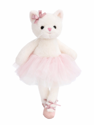 gosedjur katt ballerina i vitt med rosa tyllkjol och balettskor, rosett i örat
