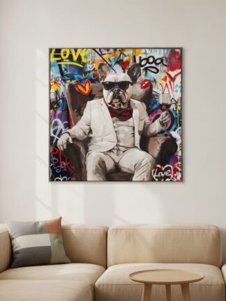 Grafitti Bulldog Vinglas med ram — uppsatt i ett rum