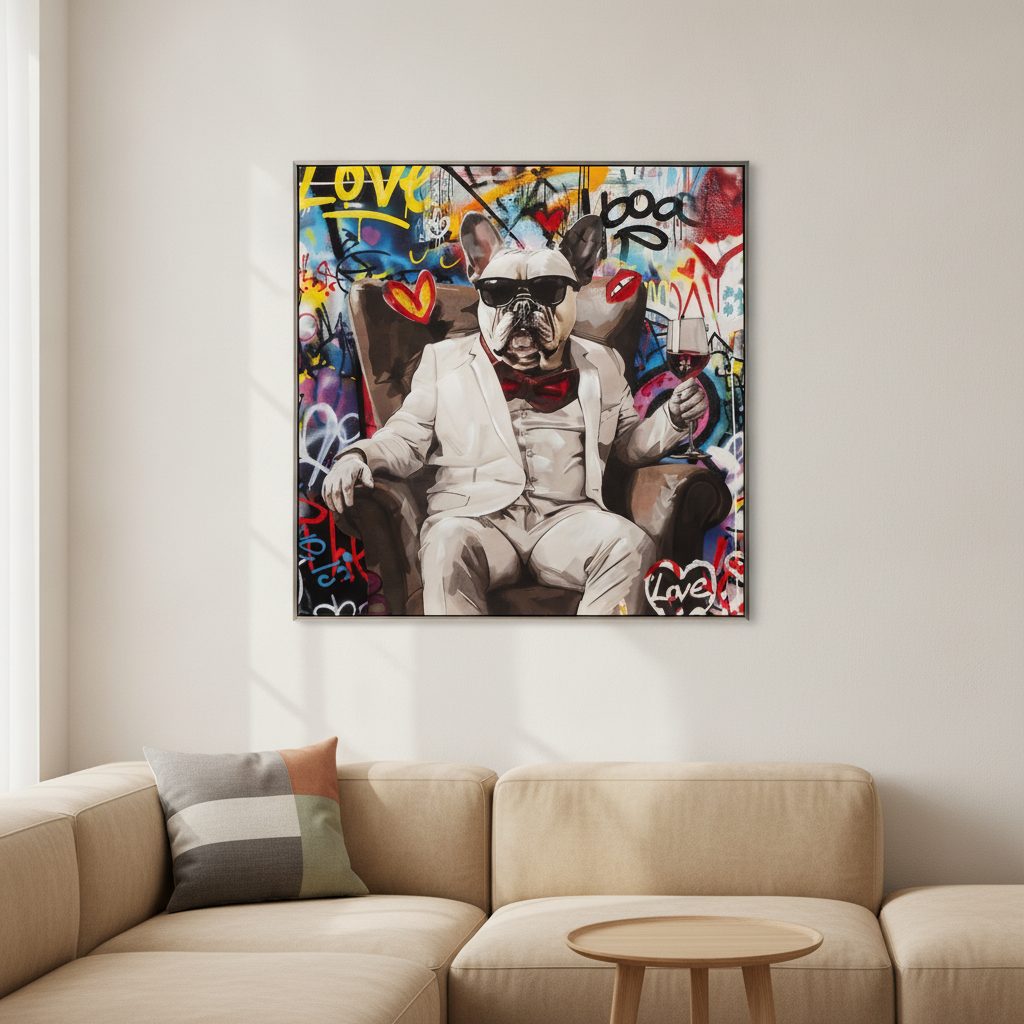 grafitti bulldog vinglas med ram — uppsatt i ett rum
