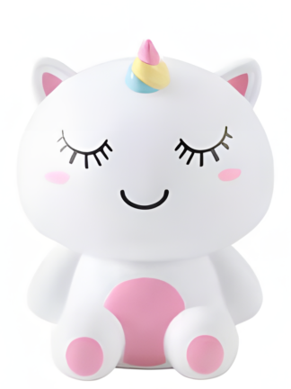 vit sittande sparbössa enhörning med stängda ögon, rosa detaljer på kinder och tassar samt pastellfärgat horn