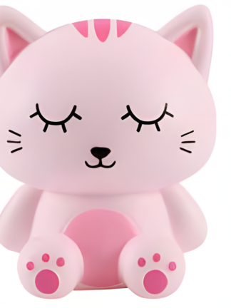 rosa sparbössa katt i form av en sittande figur med stängda ögon, morrhår och tydliga tassdetaljer